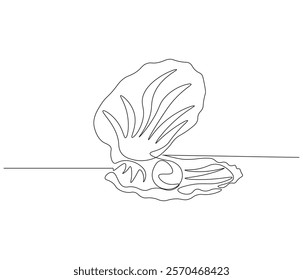 Continuous one line drawing of open pearl shell . Single line drawing illustration of an oyster .  Modern minimalist badge icon or logo with abstract color shapes . Doodle line illustration.
