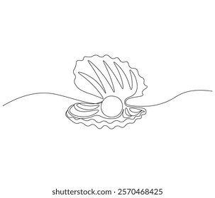 Continuous one line drawing of open pearl shell . Single line drawing illustration of an oyster .  Modern minimalist badge icon or logo with abstract color shapes . Doodle line illustration.
