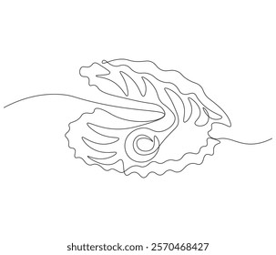 Continuous one line drawing of open pearl shell . Single line drawing illustration of an oyster .  Modern minimalist badge icon or logo with abstract color shapes . Doodle line illustration.
