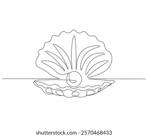 Continuous one line drawing of open pearl shell . Single line drawing illustration of an oyster .  Modern minimalist badge icon or logo with abstract color shapes . Doodle line illustration.
