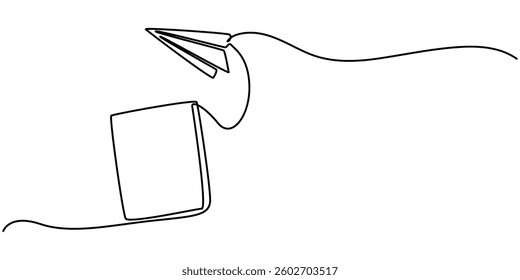  Continuous one line drawing of open book with flying paper plane. Vector illustration on whit Book with flying paper airplane continuous line drawn. Education linear symbol.e background. 