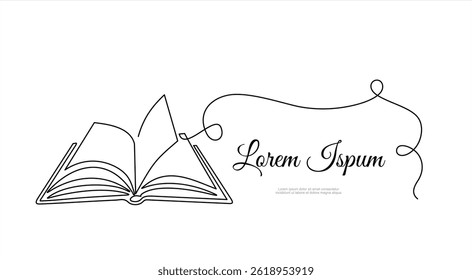 Continuous one line drawing open book with flying pages. Vector illustration education supplies back to school theme.	