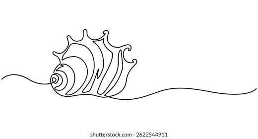 Continuous one line drawing of open oyster shell with pearl, Continuous one line drawing of sea shell. Seashell symbol. Spa beauty and wellness salon banner in simple linear style. Vector illustration