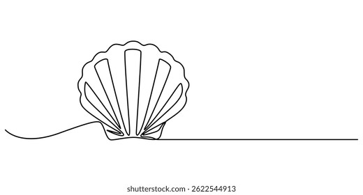 Continuous one line drawing of open oyster shell with pearl, Continuous one line drawing of sea shell. Seashell symbol. Spa beauty and wellness salon banner in simple linear style. Vector illustration