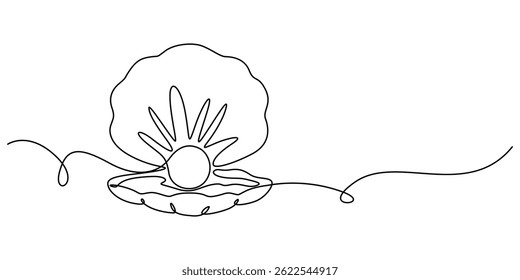 Continuous one line drawing of open oyster shell with pearl, Continuous one line drawing of sea shell. Seashell symbol. Spa beauty and wellness salon banner in simple linear style. Vector illustration
