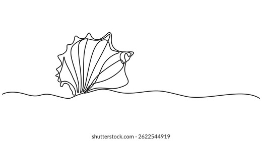 Continuous one line drawing of open oyster shell with pearl, Continuous one line drawing of sea shell. Seashell symbol. Spa beauty and wellness salon banner in simple linear style. Vector illustration