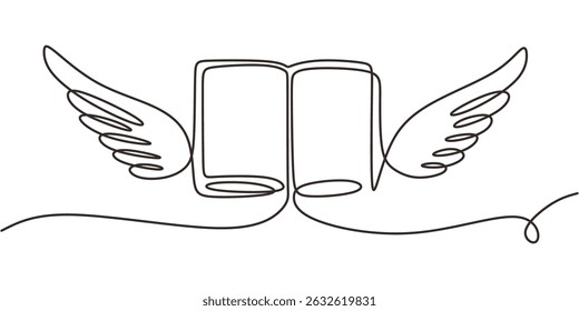 Continuous One Line Drawing Open Book Wings. Education Freedom Learning. Knowledge Aspiration.