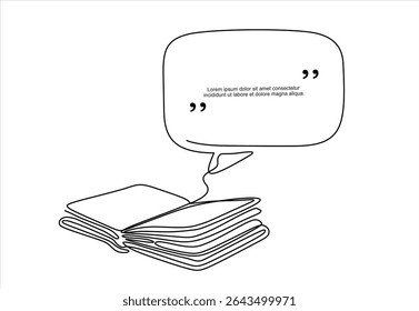 Kontinuierliche einzeilige Zeichnung eines offenen Buches mit Blase für Text. Vektorgrafik auf weißem Hintergrund. Handgezeichneter Vektor mit einer Linie. Bearbeitbarer Strich	