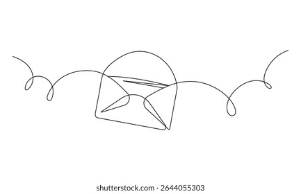 Desenho contínuo de uma linha de um envelope aberto com uma letra dentro. Ilustração de vetor minimalista. Símbolo de email linear simples. Moderno ícone postal desenhado à mão em branco.