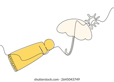 Continuous one line drawing open sunscreen tube with contents forming an umbrella and sun. Symbol. Protects from the hot sun. Block. National Sunscreen Day. Single line draw design vector illustration