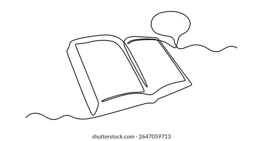 Continuous one line drawing open book with bubble for text. Vector illustration on white background, Continuous one line drawing of open book and speech bubble. Trendy line art vector on a white.