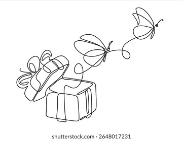 Continuous one line drawing open gift box with butterfly. Single line graphic design vector illustration. Hand drawn one line vector. Editable stroke