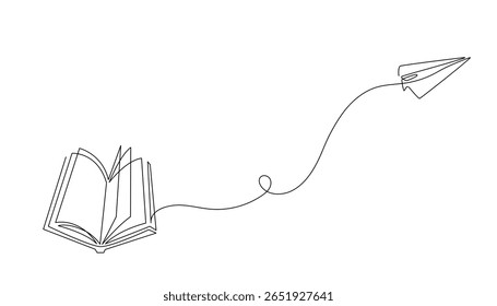 Continuous one line drawing of open book and flying paper plane. Minimalist concept of imagination, learning, and creativity. Vector illustration isolated on white background.