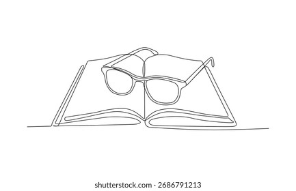 Continuous one line drawing of open book with eyeglasses isolated on transparent background
