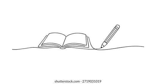 Desenho contínuo de uma linha de um livro aberto ligado a um lápis, simbolizando educação, aprendizagem, escrita, criatividade e conhecimento em estilo minimalista.