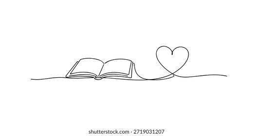Dibujo continuo de una línea de un libro abierto conectado a una forma de corazón, que simboliza el amor por la lectura, el aprendizaje, la educación y el conocimiento en estilo minimalista.