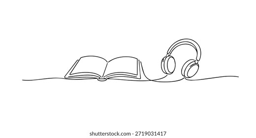 Continuous one line drawing of an open book connected to headphones, symbolizing audiobooks, learning, reading, education, and modern digital lifestyle.
