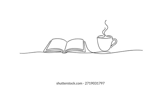 Dibujo continuo de una línea de un libro abierto junto a una taza de café humeante, que simboliza un tiempo de lectura acogedor, relajación, aprendizaje y un estilo de vida minimalista tranquilo.