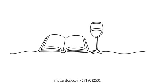 Desenho contínuo de uma linha de um livro aberto ao lado de um copo de vinho, simbolizando leitura relaxada, tempo de lazer, equilíbrio de estilo de vida e elegância minimalista calma.
