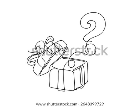 Continuous One line drawing of open gift box and question mark. Hand drawn one line vector. Editable stroke