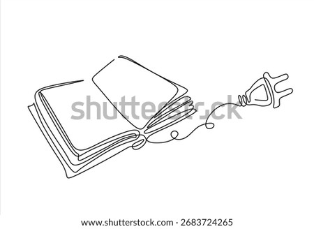 Continuous one line drawing of open book with cable plug line art symbol or logo of concept of electronic book e-book education and library reading literature.Hand drawn. Editable stroke
