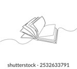 Continuous one line drawing of opened book. One line drawing illustration of world book day. Education and knowledge concept line art. Editable outline