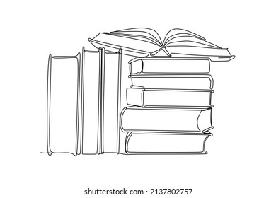 Continuous one line drawing of an opened book on a stack of books. Vector illustration for education supplies back to school theme or concept