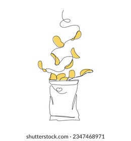 Continuous one line drawing of opened bag of potato chips. Simple vector illustration