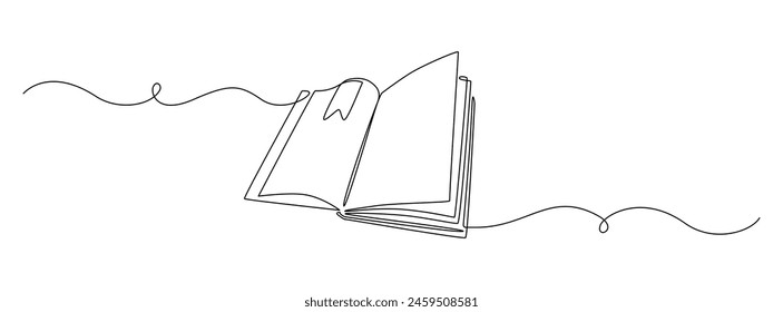 Continuous one line drawing of opened book with bookmark. Education study and knowledge library concept in simple linear style. Editable stroke. Doodle vector illustration