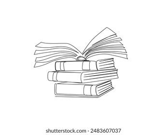 Continuous one line drawing of opened book over the stack of books and. Books outline vector illustration. Editable stroke.