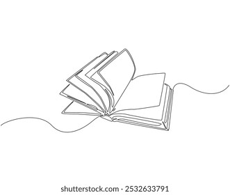 Continuous one line drawing of opened book. One line drawing illustration of world book day. Education and knowledge concept line art. Editable outline