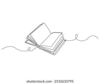 Desenho contínuo de uma linha do livro aberto. Ilustração de desenho de uma linha do dia do livro mundial. Educação e conhecimento conceito de linha de arte.