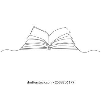 Continuous one line drawing of opened book. One line drawing illustration of book open. Education, idea, school concept single line. Editable outline