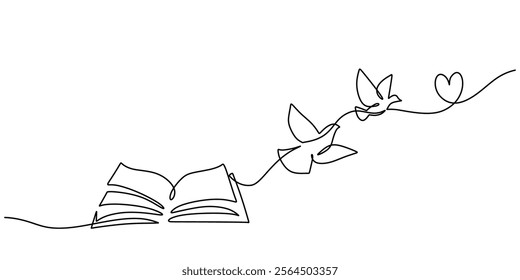 Continuous one line drawing of an opened book, birds, and a love symbol. Representing a journey of learning, love, and liberation. Vector illustration hand drawn.