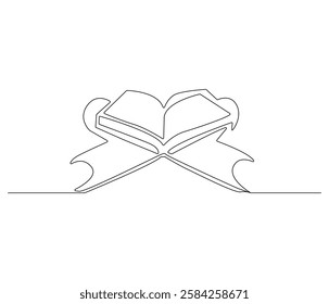 Continuous one line drawing of opened Quran. Single line drawing illustration of muslim holy book. Muslim ramadan kareem concept vector art. Doodle line illustration.

