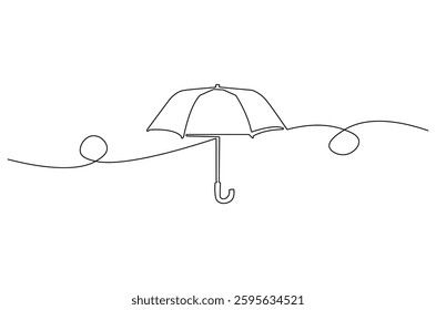 Continuous one line drawing of opened umbrella. Single line drawing illustration of umbrella protection for rain and uv. Summer holiday concept vector art. Doodle line illustration.
