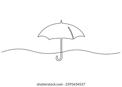 Continuous one line drawing of opened umbrella. Single line drawing illustration of umbrella protection for rain and uv. Summer holiday concept vector art. Doodle line illustration.
