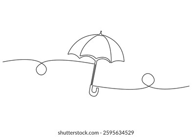 Continuous one line drawing of opened umbrella. Single line drawing illustration of umbrella protection for rain and uv. Summer holiday concept vector art. Doodle line illustration.
