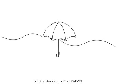 Continuous one line drawing of opened umbrella. Single line drawing illustration of umbrella protection for rain and uv. Summer holiday concept vector art. Doodle line illustration.
