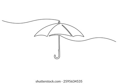 Continuous one line drawing of opened umbrella. Single line drawing illustration of umbrella protection for rain and uv. Summer holiday concept vector art. Doodle line illustration.
