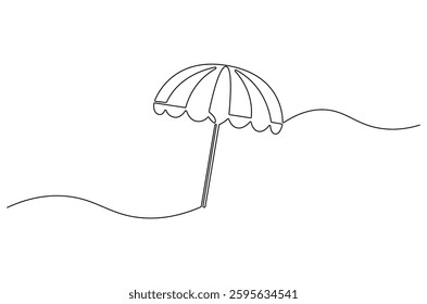 Continuous one line drawing of opened umbrella. Single line drawing illustration of umbrella protection for rain and uv. Summer holiday concept vector art. Doodle line illustration.
