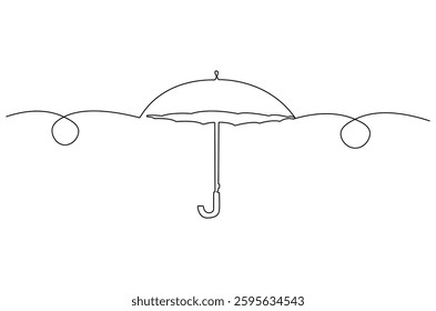 Continuous one line drawing of opened umbrella. Single line drawing illustration of umbrella protection for rain and uv. Summer holiday concept vector art. Doodle line illustration.
