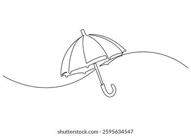 Continuous one line drawing of opened umbrella. Single line drawing illustration of umbrella protection for rain and uv. Summer holiday concept vector art. Doodle line illustration.
