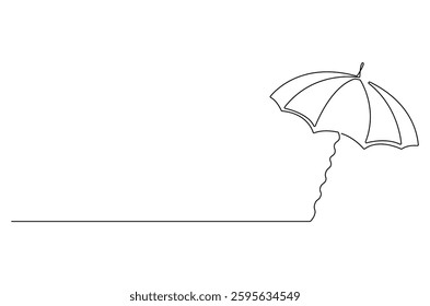 Continuous one line drawing of opened umbrella. Single line drawing illustration of umbrella protection for rain and uv. Summer holiday concept vector art. Doodle line illustration.
