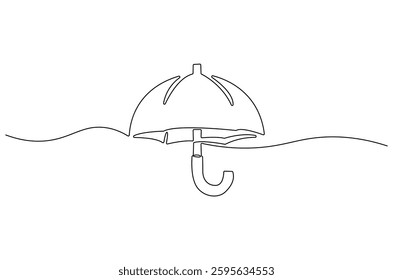 Continuous one line drawing of opened umbrella. Single line drawing illustration of umbrella protection for rain and uv. Summer holiday concept vector art. Doodle line illustration.
