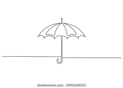 Continuous one line drawing of opened umbrella. Single line drawing illustration of umbrella protection for rain and uv. Summer holiday concept vector art. Doodle line illustration.
