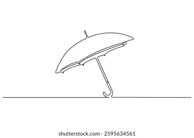 Continuous one line drawing of opened umbrella. Single line drawing illustration of umbrella protection for rain and uv. Summer holiday concept vector art. Doodle line illustration.
