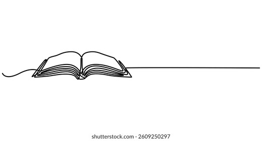  Continuous one line drawing of opened book. One line drawing illustration of book open, Open book continuous one line drawing illustration, One line drawing of opened book isolated white background.
