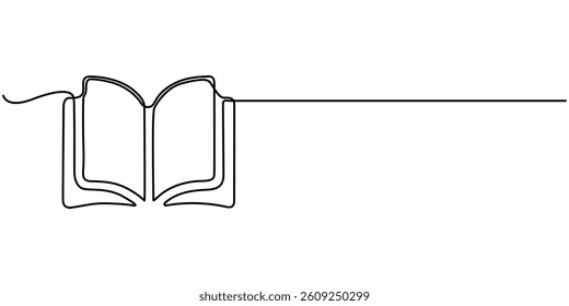  Continuous one line drawing of opened book. One line drawing illustration of book open, Open book continuous one line drawing illustration, One line drawing of opened book isolated white background.