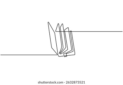 Continuous one line drawing of opened book. One line drawing illustration of book open, Open book continuous one line drawing illustration, Education and knowledge library concept in simple linear sty